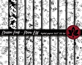 22 Classic Winnie the Pooh  Digital Paper Bundle, Black White Pooh Scrapbooking Paper, Scrapbook Paper Printables