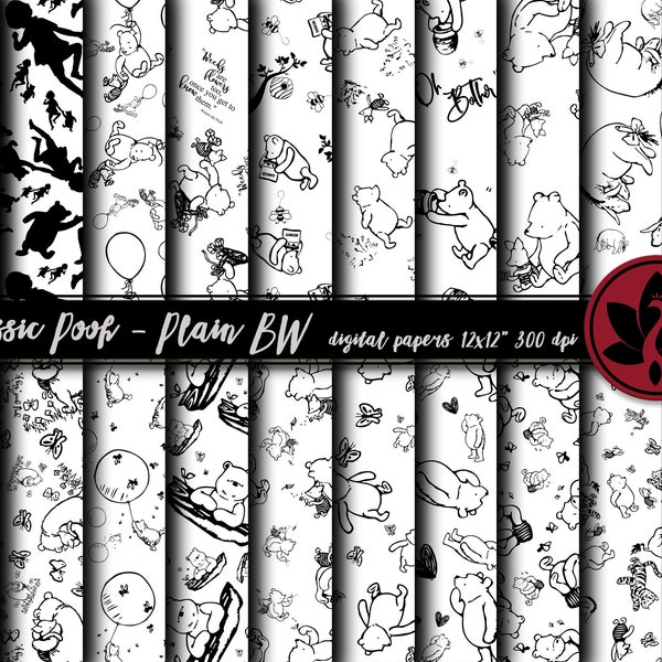 22 Classic Winnie the Pooh  Digital Paper Bundle, Black White Pooh Scrapbooking Paper, Scrapbook Paper Printables