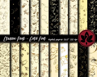 32 Classic Winnie-the-Pooh  Digital Paper Bundle, Gold Foil Digital Download Scrapbook Paper Printables, Sublimation