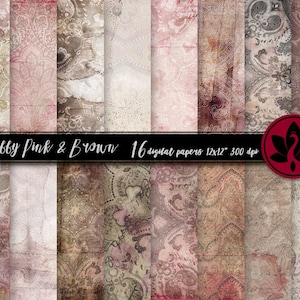 Damask Digital Paper Pack, Grunge Digital Paper, Junk Journal Paper