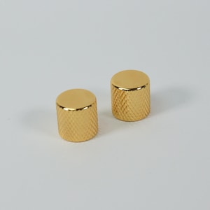 May include: Two gold-colored, cylindrical knobs with a diamond-patterned texture on the sides and a flat, smooth top. The knobs are likely for furniture or musical instruments, and are set against a plain white background.
