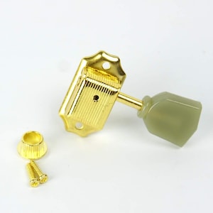 May include: A gold-colored guitar tuning machine head featuring a rectangular housing with vertical ridges, two mounting holes, and a pale green trapezoidal tuning peg. Included are a small gold-colored circular bushing and two gold-colored screws.