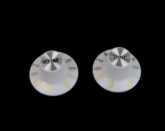 Juego de perillas de guitarra estilo Top Hat Bell (1 tono y 1 volumen), tapa metálica, color blanco