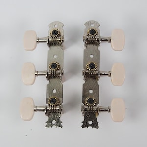 Può includere: Due set da tre meccaniche per chitarra con piastre in metallo argentato dal motivo inciso, ingranaggi color ottone, viti nere e manopole di regolazione in plastica color crema. Questi componenti meccanici sono progettati per regolare la tensione.