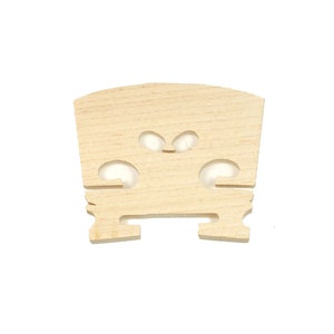 May include: A wooden violin bridge with a natural finish. The bridge has three cutouts for the strings.