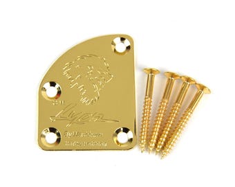 Asymmetrical Volute Neck Plate For bolt-on neck Guitars, Engraved Wolf Gold Plated