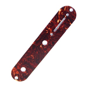 May include: A brown and black tortoiseshell guitar pickguard with three holes and a silver strip.