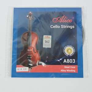 May include: Alice Cello Strings package. The package features a cello illustration on a blue background with red and white text. The text includes "A803 Steel Core Alloy Winding". The strings are 4/4 C4 size.