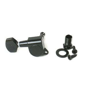 May include: Black guitar tuning pegs with a black washer and screws. The tuning pegs have a black plastic knob and a metal shaft.