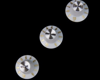 Juego de perillas de guitarra estilo Top Hat Bell (2 tonos y 1 volumen), tapa metálica, color blanco