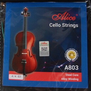 May include: A package of Alice Cello Strings, model A803, featuring a cello illustration. The packaging is blue with red and white text, including "Steel Core" and "Alloy Winding". The strings are 4/4 G3.