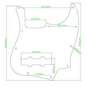 Puede incluir: Un contorno de golpeador de bajo con dimensiones en mil&iacute;metros. La forma del golpeador es irregular, con un recorte para pastillas y orificios de montaje. Las dimensiones son 230,8 mm de alto y 167,8 mm de ancho.