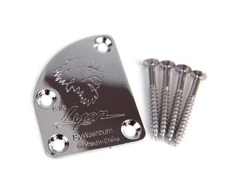 Asymmetrical Volute Neck Plate For bolt-on neck Guitars, Engraved Wolf Chrome Plated