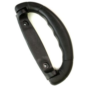 May include: Black plastic handle with a textured grip and two screw holes. The handle is designed for carrying or lifting heavy objects.
