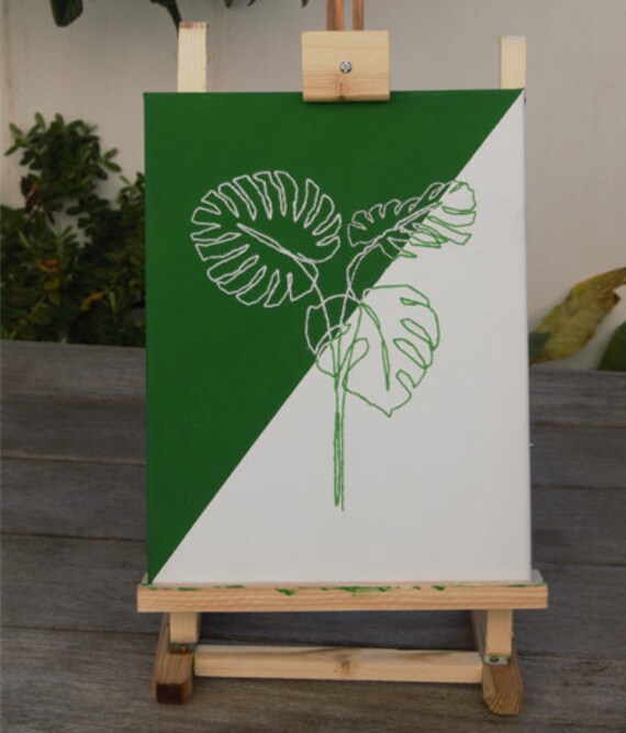 Toile Brodé Motif Monstera Vert et Blanc