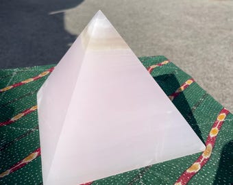 XL Hand-Carved Mangano Calcite Pyramid | Pink Healing Crystal, Heart Chakra