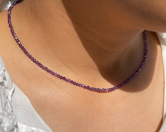 Amethyst Beaded Necklace, 2 mm Purple Amethyst Micro Faceted Round Beads Necklace. Amethyst Gemstone Necklace. Girls,