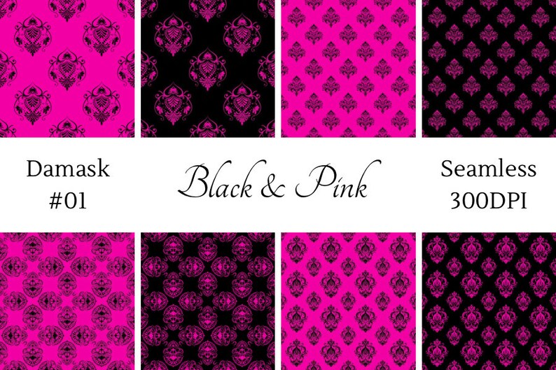 Black & Pink Damask Digital Paper, Seamless Pattern, Colorful ...