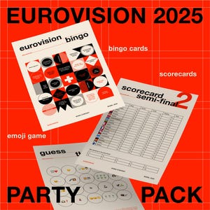 Pakiet imprezowy Eurowizji 2025 – bingo do druku, karty wyników i gra emoji | Szwajcarski projekt graficzny | Międzynarodowy styl typograficzny | Retro lat 50.