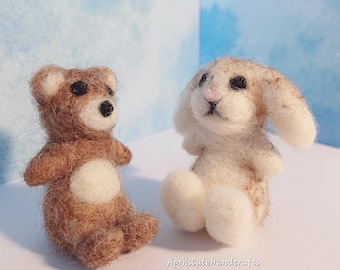 Handmade felt bear and rabbit friends miniature needle felted woolly bunny and teddy, soft animals, desk pets, unique gift