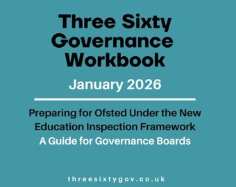 May include: A teal-colored graphic with the title "Three Sixty Governance Workbook" in bold black text. Below, "January 2026" is displayed. The text "Preparing for Ofsted Under the New Education Inspection Framework" and "A Guide for Governance Boards" are also present.