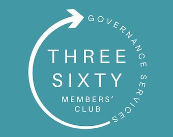 May include: A teal logo with white text and a white arrow. The text reads "THREE SIXTY MEMBERS' CLUB" inside a white circle with the words "GOVERNANCE SERVICES" around the circle.