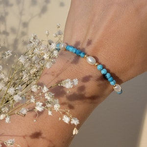 Turquoise Pearl Bracelet, Handmade special gemstones with Freshwater Pearl, gold-filled material, birthstone, Blue, birthday gift idea