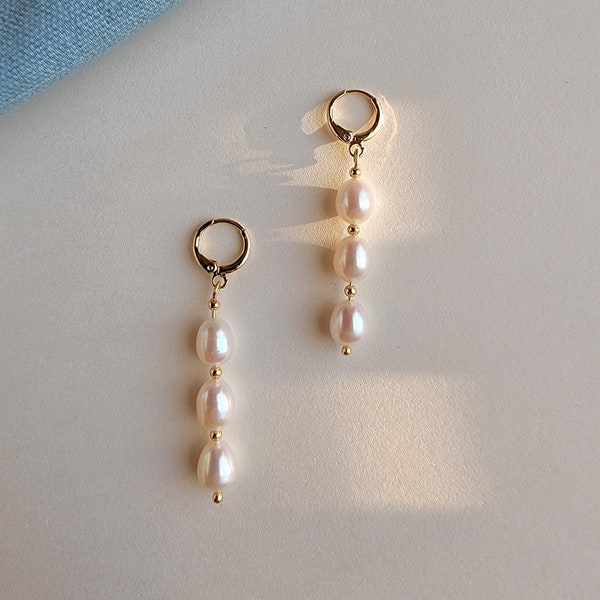 Three Pearls Drop earring, Freshwater oval Pearl earrings , Lever Back Earrings, Gift for Her