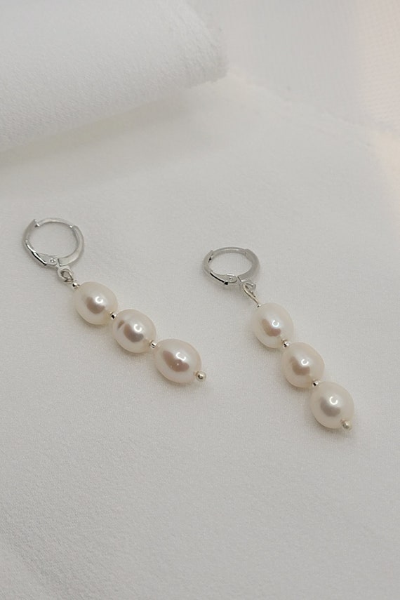 Three Pearls Drop Earring, Freshwater Oval Pearl Earrings