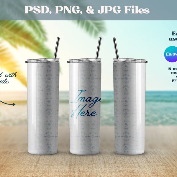 Summer Beach 20 oz Sublimation Tumbler Mockup | White Sublimation Tumbler Flat Lay | PNG PSD and JPG Digital files |Mockup for 20oz Tumblers