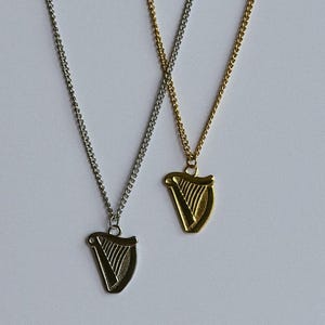 Guinness Harp Necklace - Silver or Gold Unisex Ireland Irish Signet Styled Shamrock Harp Chain - St Paddy's Patrick's Day Gifts for Him image 1