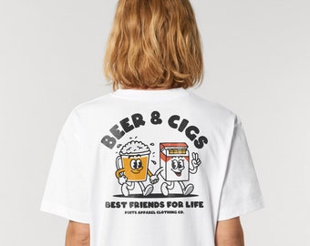 Beer & Cigs - Best Friends | White Tee | Graphic Tee | Retro Cartoon T Shirt | Aesthetic T Shirt