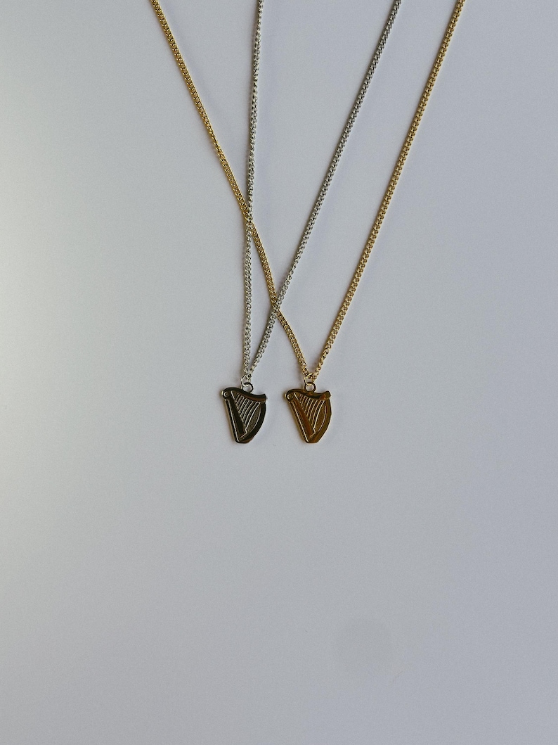 Guinness Harp Necklace - Silver or Gold Unisex Ireland Irish Signet Styled Shamrock Harp Chain - St Paddy's Patrick's Day Gifts for Him image 2