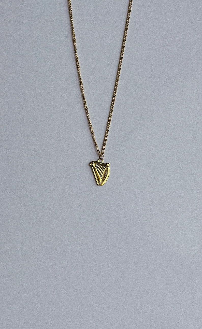 Guinness Harp Necklace - Silver or Gold Unisex Ireland Irish Signet Styled Shamrock Harp Chain - St Paddy's Patrick's Day Gifts for Him Gold