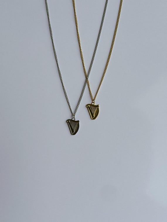 Guinness Harp Necklace - Silver or Gold Unisex Ireland Irish Signet Styled Shamrock Harp Chain - St Paddy's Patrick's Day Gifts for Him