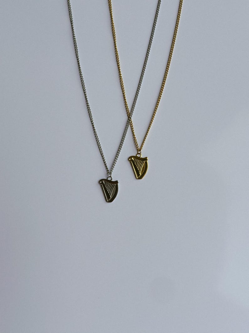 Guinness Harp Necklace - Silver or Gold Unisex Ireland Irish Signet Styled Shamrock Harp Chain - St Paddy's Patrick's Day Gifts for Him image 1