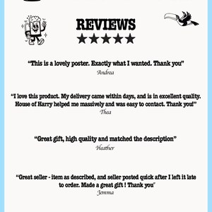 May include: A white background with blue text that reads "HOUSE OF HARRY CLOTHING COLLECTIVE EST 2021."  Below the text is a black and white illustration of a cartoon beer mug with a face.  The text "REVIEWS" is in black with five black stars below it.  There are five customer reviews in black text with the names of the reviewers in italics below each review.
