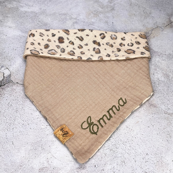 Personalisiert Dreieckstuch Musselin Halstuch Hundehalstuch Dogbandana Bandana in Beige Braun mit Animalprint Leo-Look Leopard zum Knoten