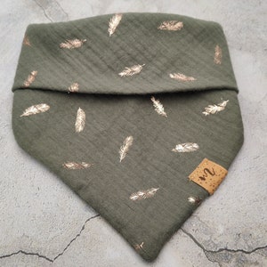 Muslin scarf dog bandana dog bandana bandana in olive with glitter rose gold feathers for knotting