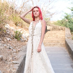 Devina maxi dress ,Boho maxi dress for women with tribal handblock print, sleeveless cream cotton summer dress, hippie festival outfit