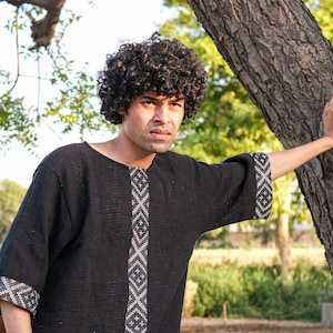 Anvesh T-shirt ,Handwoven Black Cotton Shirt for Men, Boho Tribal Loose Fit Tunic, Ethnic Hand Block Print Top, Festival Hippie Outfit
