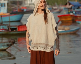 Nirvana mouwloos, boho herenponcho met capuchon en tribal handblokprint, mouwloze tuniek van natuurlijk katoen, rustieke festivaltop