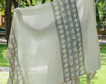 Neelkanth Shawl, shawl, blockprint shawl, boho shawl, bohemian shawl, lace shawl,ethnic shawl,unisex shawl