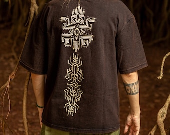 Thrilochana-T-shirt, handgemaakt boho-tribalshirt met heilige geometrie-print – oversized zwart uniseks uniseks shirt van biologisch katoen voor festival