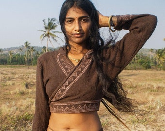 Dhup Hoodie Wrap Top, Rajasthani Hand Blockprint Boho Crop Top, Kimono Wrap Blouse, Long Sleeve Hand Block Print Top
