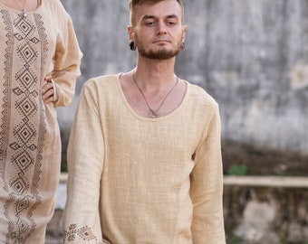 T-shirt Titan, boho-kleding heren, handgemaakt katoenbeige hippieshirt, losvallend festivalshirt, top met etnische handblokprint