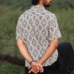 Rohisa Shirt – Men’s Boho Cotton Shirt, Handblock Printed Geometric Tribal Top, Summer Festival Hippie Clothing