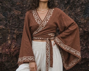 Handmade Bohemian Cotton Wrap Top, Tribal Bell Sleeves Blouse