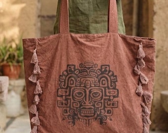 Boho Terracotta Tassel Tote Bag, Tribal Face Print, Spacious Festival Beach Bag