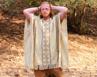 Handwoven Cotton Boho Poncho: Tribal Design, Unisex Kaftan Top